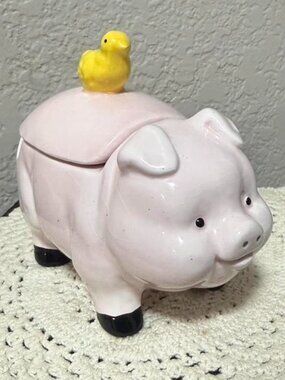 Vintage Ceramic Pink Pig Sugar Bowl with Yellow Chick Lid